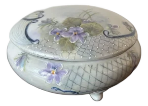 1930s Round Handpainted Vanity Dish With Lid, Signed