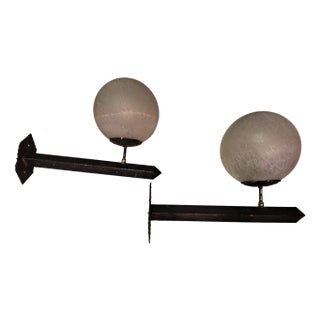 Wall Lights in Black Lacquered Iron and Brass with Etched Sphere, 1960s, Set of 2 For Sale