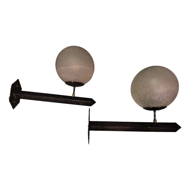 Wall Lights in Black Lacquered Iron and Brass with Etched Sphere, 1960s, Set of 2 For Sale
