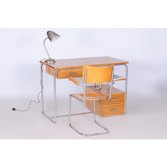1930s Bauhaus Writing Desk in Oak, Chrome-Plated Steel, Germany, 1930s For Sale - Image 5 of 17