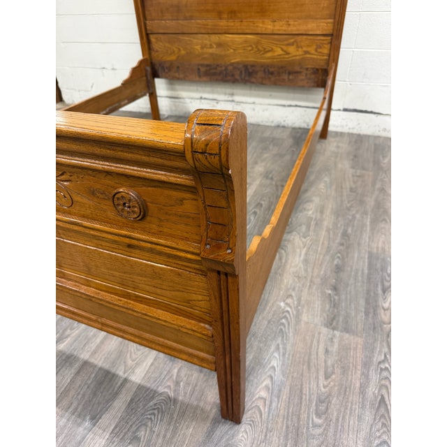Antique Full Size Victorian Eastlake Carved Oak High Back Bed For Sale - Image 13 of 16