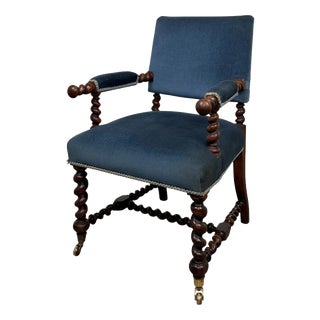 Antique English Victorian Carved Oak Barley Twist Armchair For Sale
