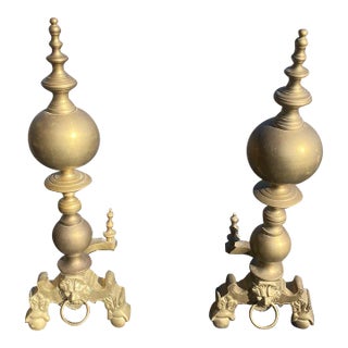 Early 20th Century Brass Andirons With Lion Detail - Set of 2 For Sale