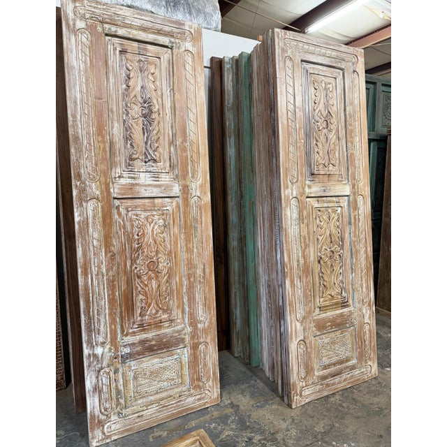 Antique Carved Wood Entry Door, Whitewashed Floral Farmhouse Statement Door 96x31.5 For Sale - Image 4 of 5