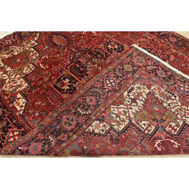 Heriz Rug 9'9'' X 12'6'' Red Wool Vintage Tribal Hand-Knotted Oriental Carpet For Sale - Image 14 of 15
