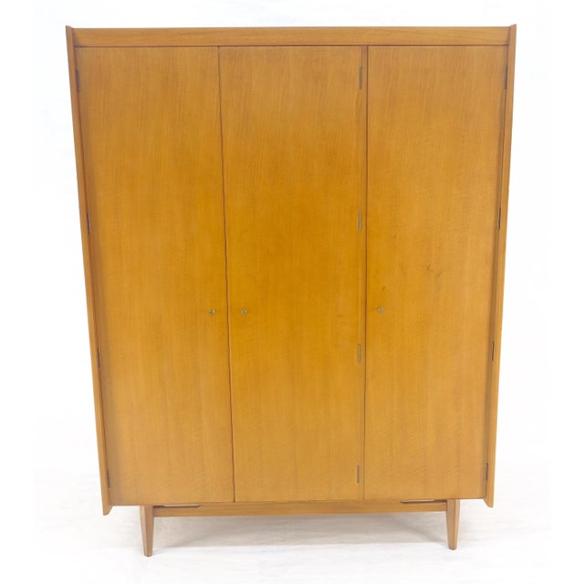 Wood Fine Danish Mid Century Modern 3 Bay Armoire Wardrobe Cabinet Dresser MINT For Sale - Image 7 of 13