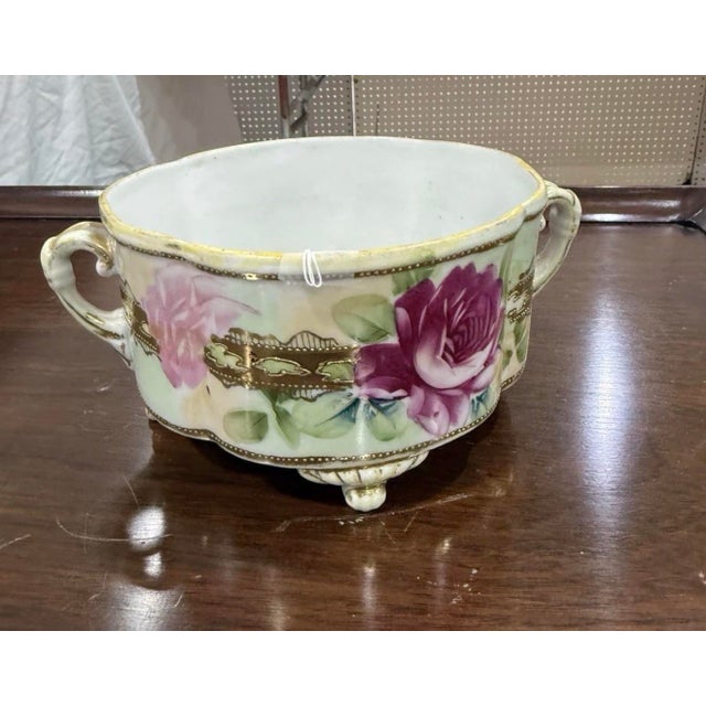 Art Deco Antique Nippon Hand Painted Footed Ferner Bowl Raised Gold Design W/Pink Roses For Sale - Image 3 of 5