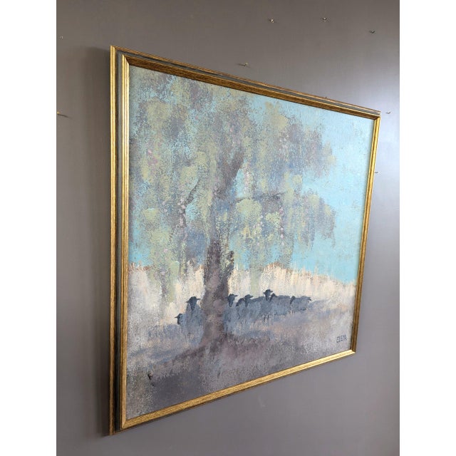 Mid-Century Modern 'Sheep at Rest' Vintage Swedish Original Landscape Oil Painting, Framed For Sale - Image 4 of 10