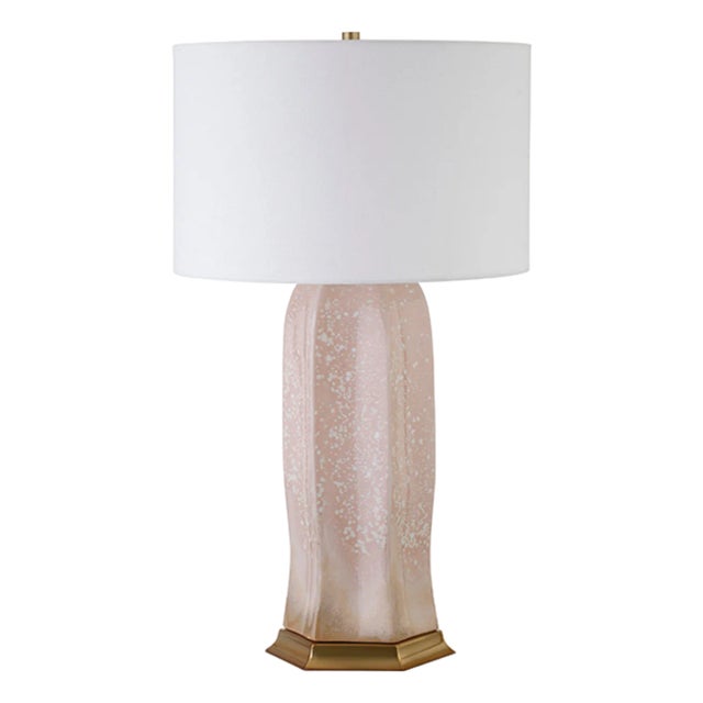 Matthew Izzo Home Barron Blush Reactive Glaze Ceramic Table Lamp With White Linen Shade and Satin Brass Base For Sale