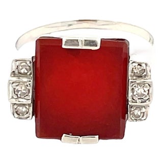 Vintage 14k White Gold Carnelian & Diamond Statement Ring, Size 4.75 For Sale