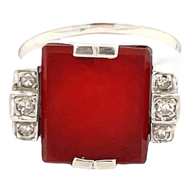 Vintage 14k White Gold Carnelian & Diamond Statement Ring, Size 4.75 For Sale