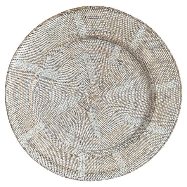 Beautiful oversized hand woven rattan platter. We added a white wash to this impressive piece. Fabulous hung on a wall, to...