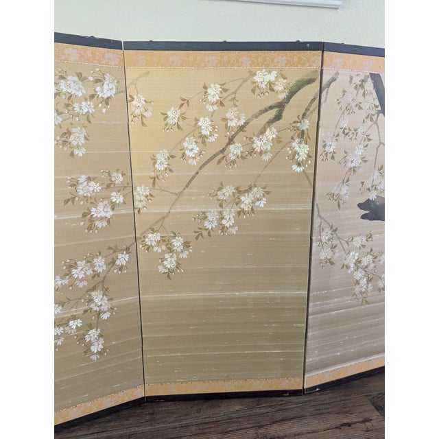 Japanese Four-Panel Screen Cherry Blossoms on Silk For Sale - Image 4 of 14