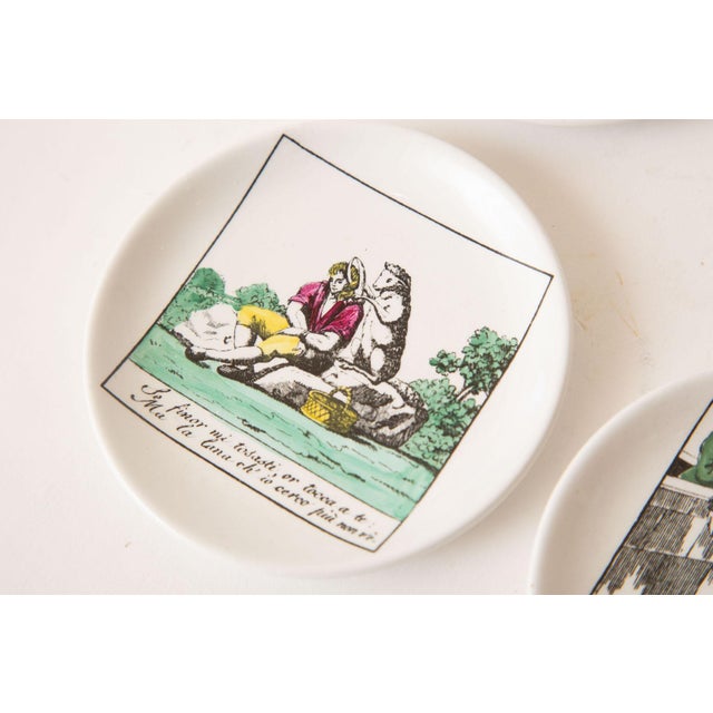 Ceramic Vintage Piero Fornasetti Porcelain Colored Opera Coasters Il Mondo Alla Rovescia Set of 8 Italian MCM For Sale - Image 7 of 12