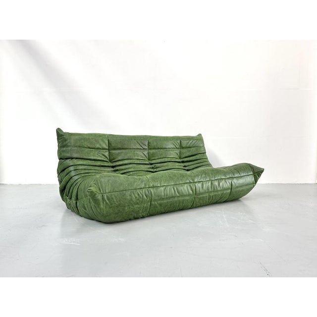 Mid-Century Modern French Three-Seater Togo Sofa in Forest Green Leather by Michel Ducaroy for Ligne Roset For Sale - Image 3 of 12