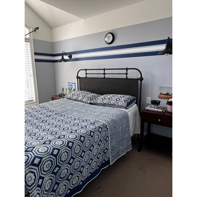 Contemporary Queen Mandir Navy Blue Cotton Quilt For Sale - Image 4 of 5