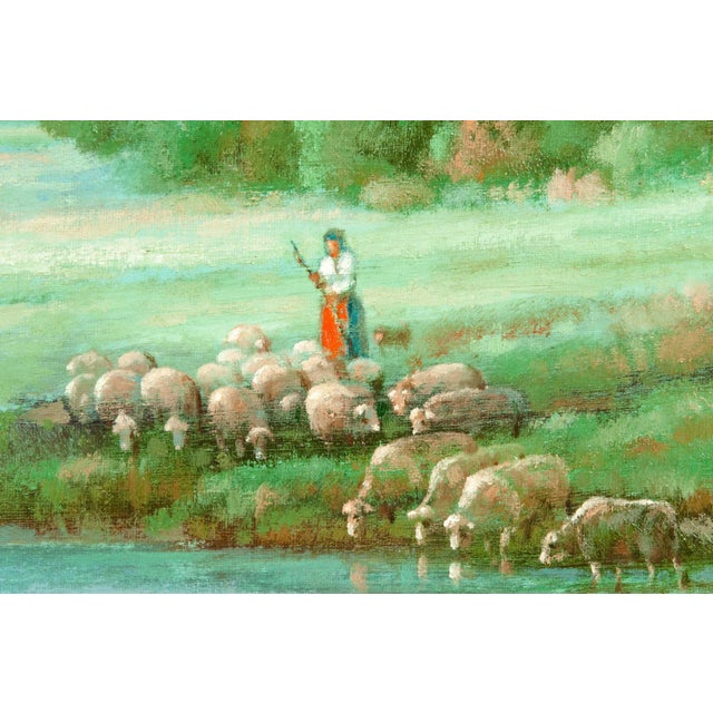 Traditional Large "Green Meadow" Giltwood Framed Oil / Canvas Painting For Sale - Image 3 of 7