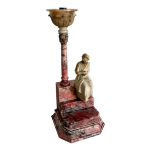 Antique Italian Carved Pink and White Alabaster and Marble Table Lamp