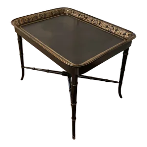Vintage Regency Style Black Lacquered Ebonized Wood Tray Table / End Table