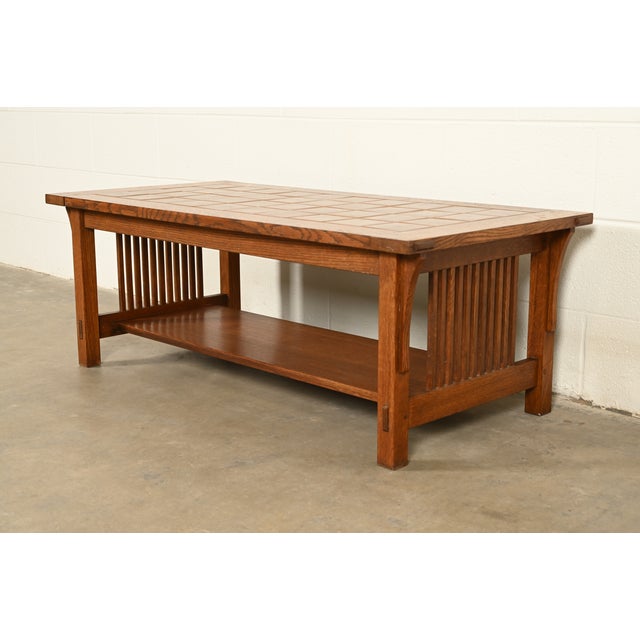 Mission Stickley Mission Oak Arts & Crafts Two-Tier Tile Top Spindle Coffee Table For Sale - Image 3 of 15
