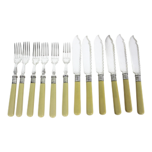 Antique Chased Silver Plated Faux Ivory Handle Knife and Fork Fish/Fruit Dessert Set - 12 Pieces