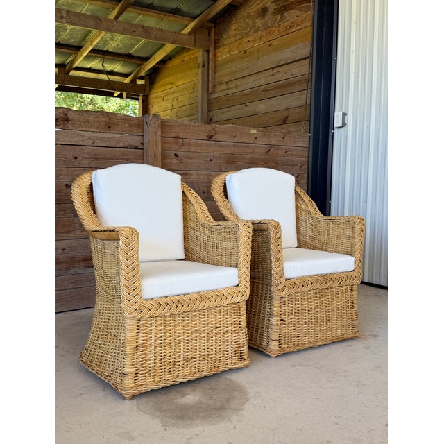 Pair of Vintage Michael Taylor Style Braided Rattan Wicker Lounge Armchairs For Sale - Image 9 of 12