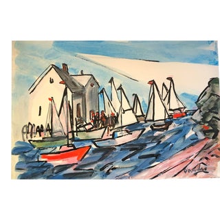 Original Vintage Abstract Sail Boat Village Modernist Watercolor Painting Signed For Sale