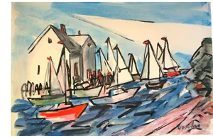 Original Vintage Abstract Sail Boat Village Modernist Watercolor Painting Signed