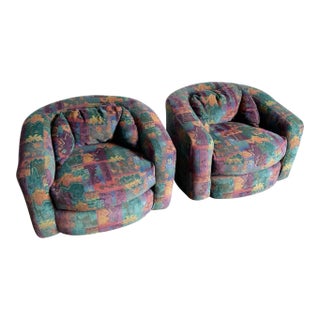 Postmodern Multicolor Patterned Barrell Swivel Chairs - a Pair For Sale