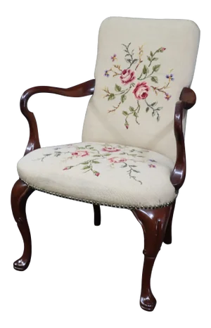 Queen Anne Mahogany Needlepoint Shepard’s Crook Open Arm Chair