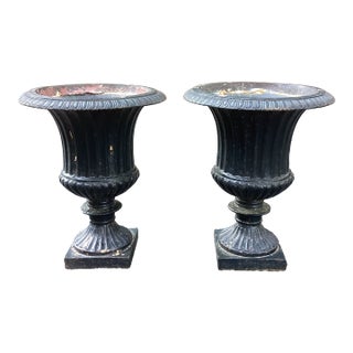 Pair of Vintage Neoclassical Black Cast-Iron Garden Urns For Sale