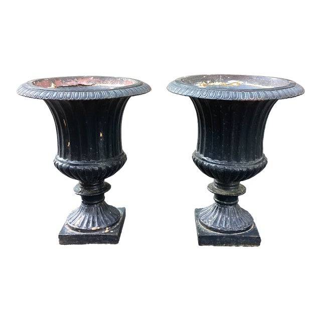 Pair of Vintage Neoclassical Black Cast-Iron Garden Urns For Sale