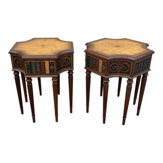 Late 20th Century Pair of Maitland-Smith Mahogany Leather Top Faux Book Tables For Sale