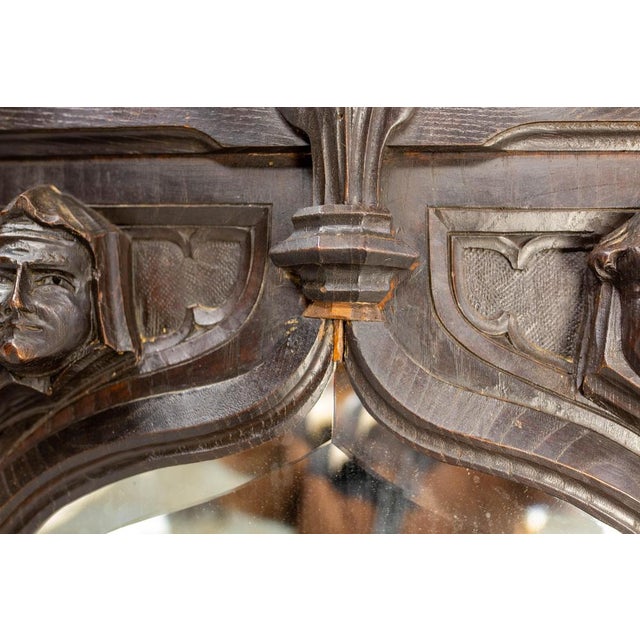 French Gothic Style Oak Coat Hat Rack with Beveled Mirror and Wrought Iron Stand, 19th Century For Sale - Image 9 of 17
