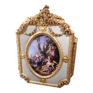 French Rococo Gold Leaf Picture Frame – Ornate Cherub & Romantic Garden Scene Panel For Sale