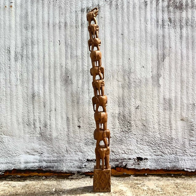 Late 20th Century Vintage Boho Carved Wooden Elephant Stack Sculpture For Sale - Image 5 of 9