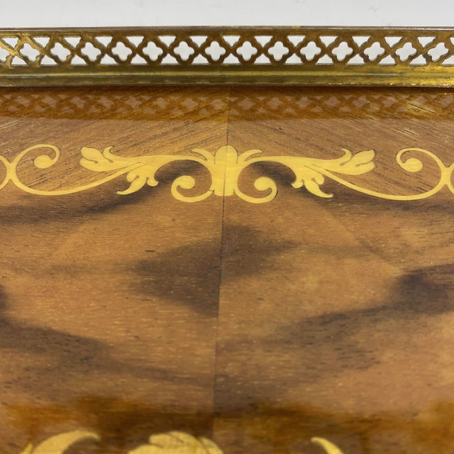 Brass Vintage Italian Wood Marquetry Tray Sorrento Inlaid Brass Edge Handles For Sale - Image 8 of 12