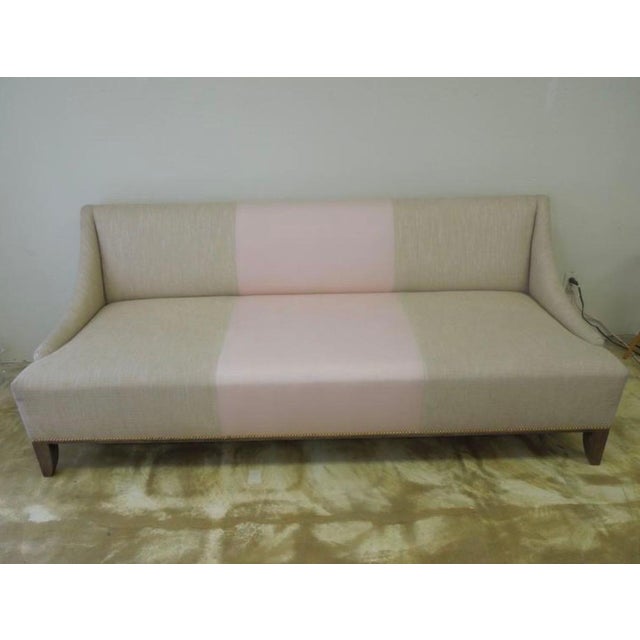 Beige Linen & Pink Fabric Custom Made “Fashionista” Sofa with Matching Pillows For Sale In Palm Springs - Image 6 of 7