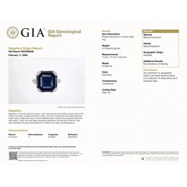 Metal 1930s Art Deco Gia 9.50 Carat No Heat Asscher Cut Sapphire Diamond Platinum Ring, Size 8 For Sale - Image 7 of 7