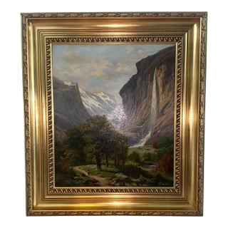 Large 19th Century Mountain Landscape Painting Signed Bracht For Sale