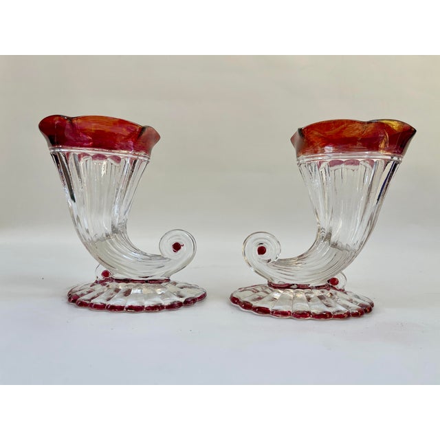 Glass Vintage Art Deco Cornucopia Cranberry Red Vases - a Pair For Sale - Image 7 of 7