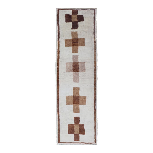 Vintage Turkish Tulu Runner With Ivory Field and Layered Brown Cross Motifs For Sale