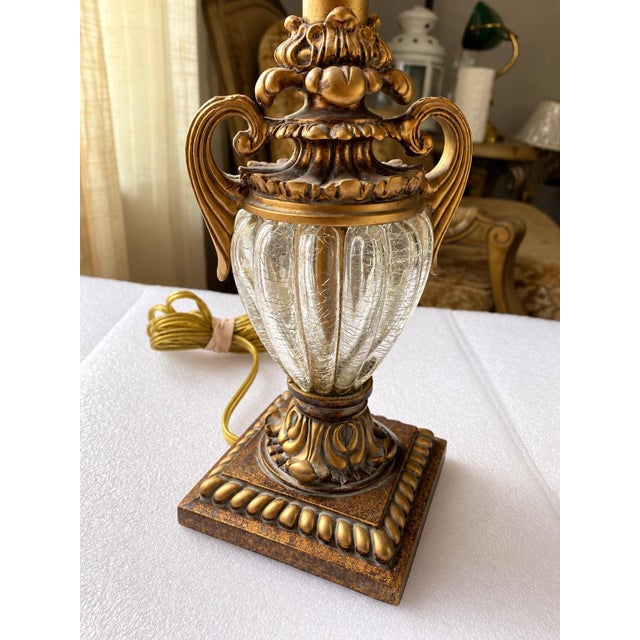 Antique Ornate Table Lamp With Embroidered Tassel Shade, Carved Decorative Base & Ribbed Glass Accent, Traditional French Style For Sale In Naples, FL - Image 6 of 12
