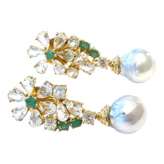 Bochic “Orient” Vintage Natural Emerald & Pearl Earrings Set 18K Gold & Silver For Sale