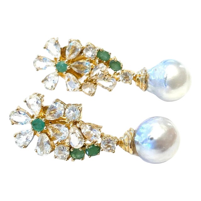 Bochic “Orient” Vintage Natural Emerald & Pearl Earrings Set 18K Gold & Silver For Sale