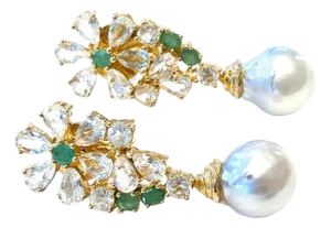 Bochic “Orient” Vintage Natural Emerald & Pearl Earrings Set 18K Gold & Silver