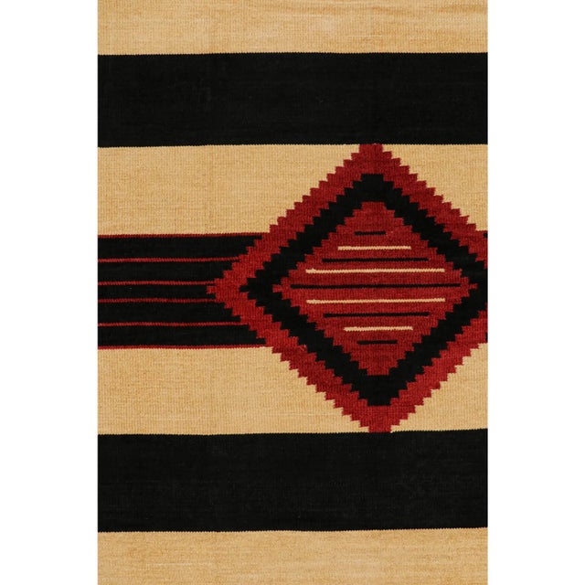 Contemporary Rug & Kilim’s Contemporary Dhurrie Rug in Black and Red Medallions and Stripes For Sale - Image 3 of 7