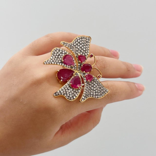 Bochic “Capri” Vintage Ruby & Topaz Butterfly Ring Set In 18K Gold & Silver For Sale - Image 4 of 10
