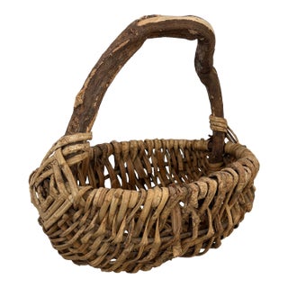 Lg Vintage Rustic Harvest Branch Woven Basket For Sale