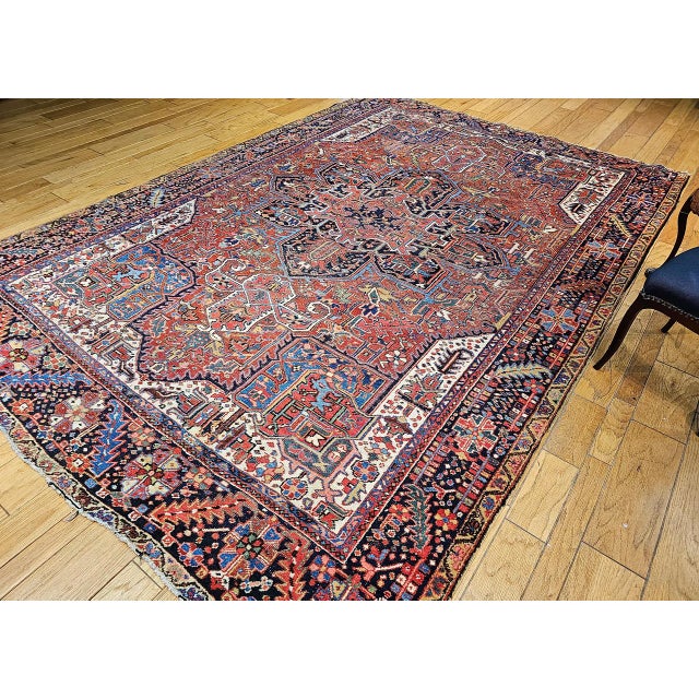 Textile Antique Persian Heriz Karajah Rug, Hand-Knotted Wool, Geometric Medallion Pattern, Brick-Red & Navy, 9x12 For Sale - Image 7 of 17